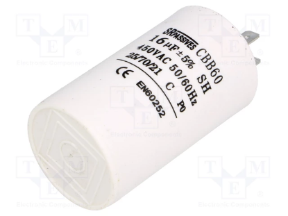 Picture of CONDENSATOR MOTOR, FUNCTIONARE  16UF 450VAC  CBB60A-16/425, TERMINAL 6.3MM