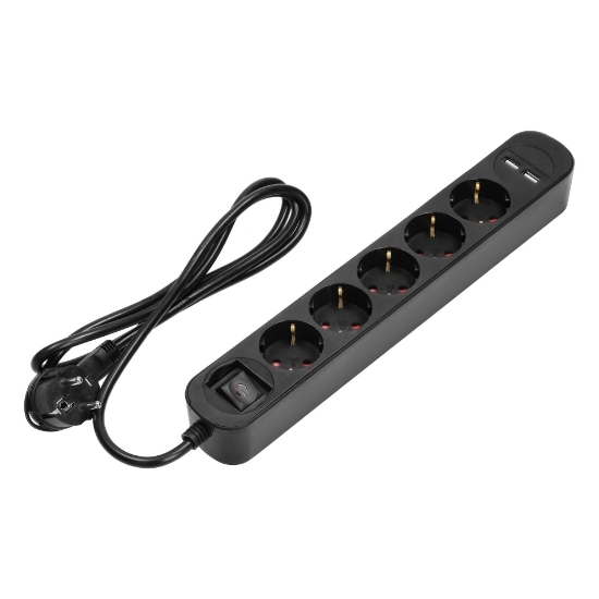 Imagine PRELUNGITOR  5PR(3*2P+E/2*USB-A)+INTR, 10A/2.1A 1.5M, 3*1.0MMP, 10A  +PROTECTIE DPS NEGRU ORNO