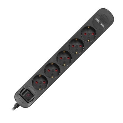 Picture of PRELUNGITOR  5PR(3*2P+E/2*USB-A)+INTR, 10A/2.1A 1.5M, 3*1.0MMP, 10A  +PROTECTIE DPS NEGRU ORNO