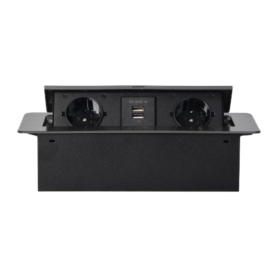 Picture of PRIZA MOBILIER, 2*2P+E, 2XUSB, SCHUCO+USB, NEGRU, CARCASA CU MARGINE PLATA, ÎNCARCATOR USB,