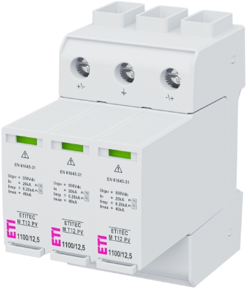 Imagine DESCARCATOR SUPRATENSIUNI, TIP T1/T2, 2P 3MD, 1100VDC, SPD, MOV,( I, II/ B, C), PV, RC, 20KA/MAX 40K