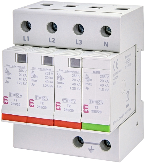 Imagine DESCARCATOR SUPRATENSIUNI, TIP T2, 4P 4MD 255VAC, SPD, MOV, TT/TN-S, 40KA, ETITEC V T2 255/20 3+1